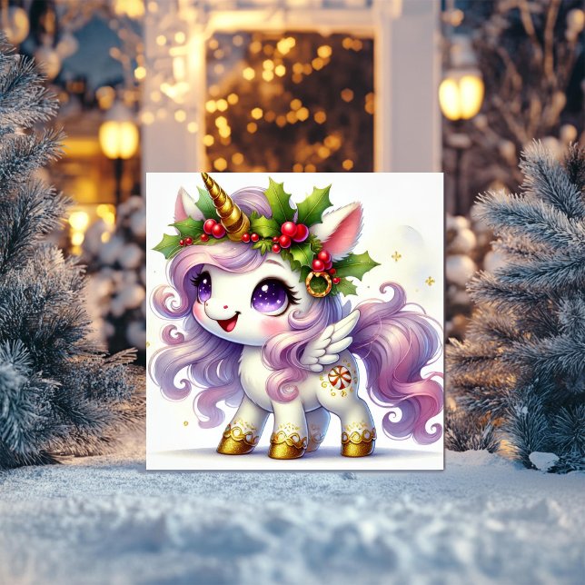 Gyllene Enhörning med Festliga Godisaccent Julkort (Skapare uppladdad)