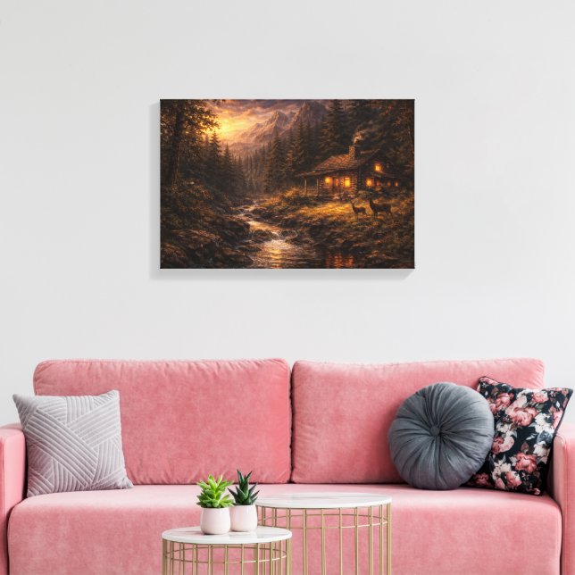 "Gyllene ensamhet: Bergsstuga i impasto-stil  Canvastryck (Insitu (Vardagsrum))