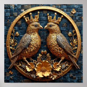 👑 Gyllene Fåglar Kronmosaik Elegant Lyxkonst Poster