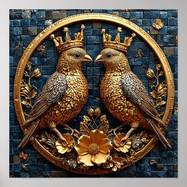 👑 Gyllene Fåglar Kronmosaik Elegant Lyxkonst Poster (Framsidan)