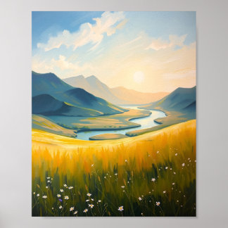 Gyllene fält och flod vid solnedgång poster