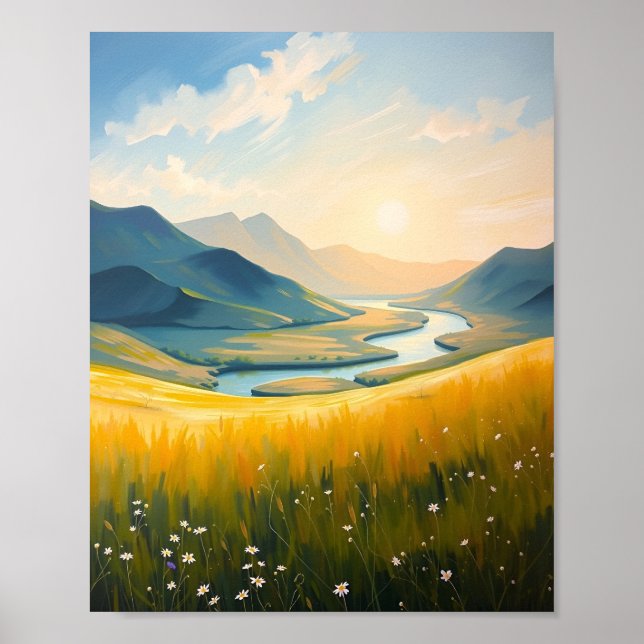 Gyllene fält och flod vid solnedgång poster (Framsidan)
