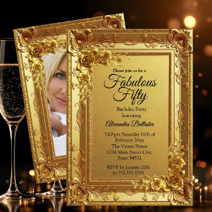 Gyllene fantastisk elegant födelsedagsfoto guld bl inbjudningar
