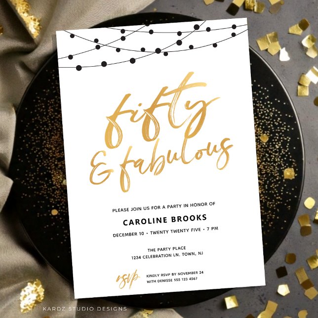 Gyllene femtio och fantastisk 50-års inbjudan (5oth Birthday Invitation shown in a flat 5x7 card. Faux Gold script over white background.)