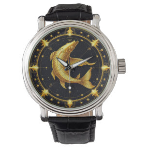 Gyllene Fiskarnas Zodiakussymbol Omgiven av Stjärn Armbandsur