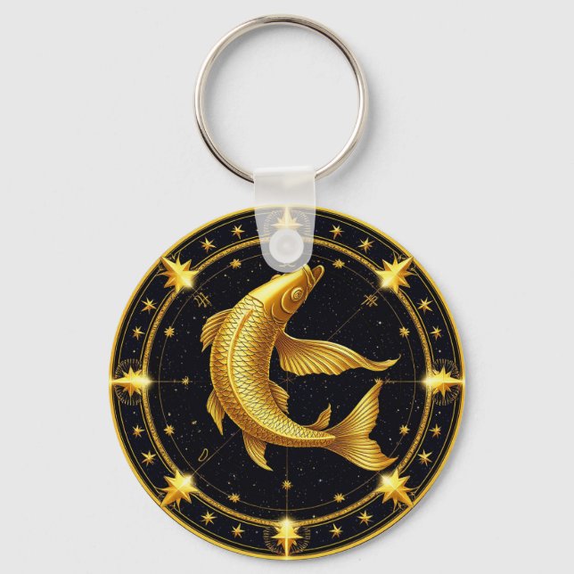 Gyllene Fiskarnas Zodiakussymbol Omgiven av Stjärn Nyckelring (Framsida)