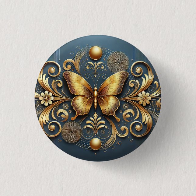 🦋 Gyllene Fjäril Elegant Lyx Blommig Natur Knapp (Framsida)