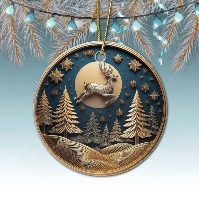 Gyllene flygande renar, Träd, Måne, Snö, Hjortar Julgransprydnad Keramik (Gold Flying Reindeer, Deer Antlers, Trees, Moon, Starry Night Winter Scene Ornament Front/Back 🦌🎄)