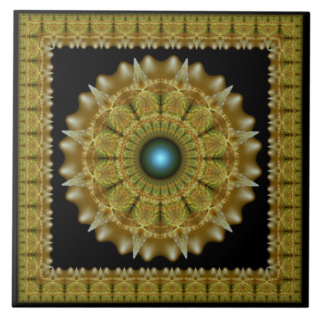 Gyllene fraktal inramad ornament mandala kakelplatta (Framsidan)