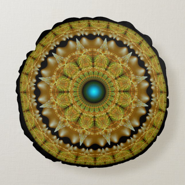 Gyllene fraktal ljus ornament mandala rund kudde (Framsidan)