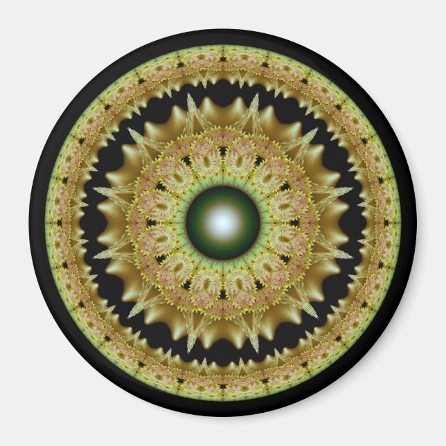 Gyllene fraktal rund mandala magnet (Framsidan)