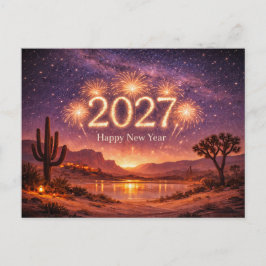 Gyllene fyrverkerier 2027 Öken Natt Himmel Firande Helg Vykort