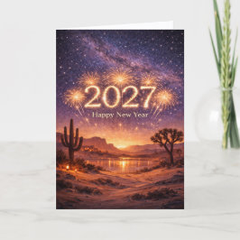 Gyllene fyrverkerier 2027 Öken Natt Himmel Firande Helgkort