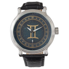 Gyllene Gemini Zodiakcirkel Med Stjärnklar Natt Armbandsur