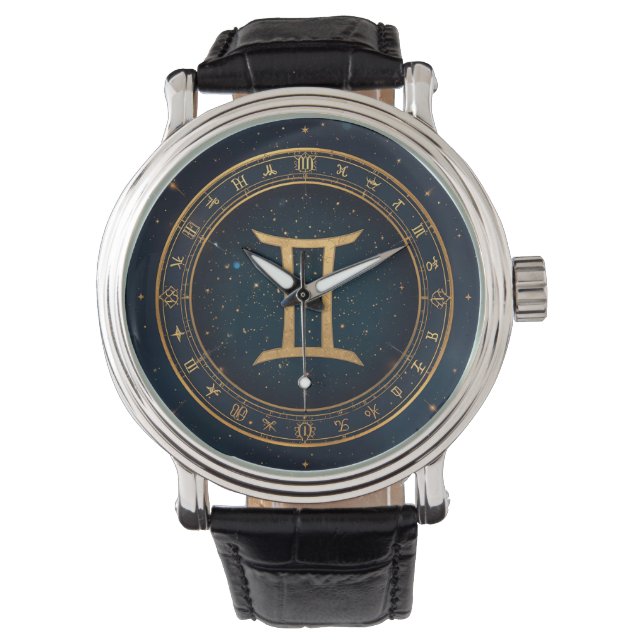 Gyllene Gemini Zodiakcirkel Med Stjärnklar Natt Armbandsur (Framsida)