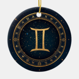 Gyllene Gemini Zodiakcirkel Med Stjärnklar Natt Julgransprydnad Keramik