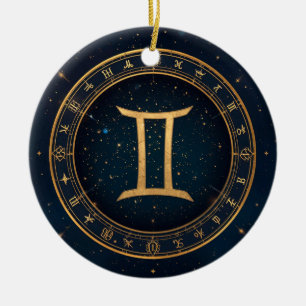 Gyllene Gemini Zodiakcirkel Med Stjärnklar Natt Julgransprydnad Keramik