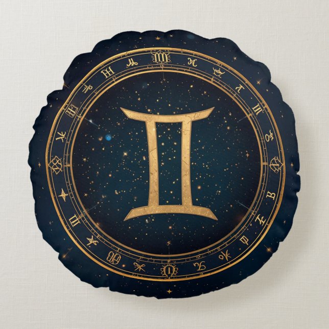 Gyllene Gemini Zodiakcirkel Med Stjärnklar Natt Rund Kudde (Framsidan)