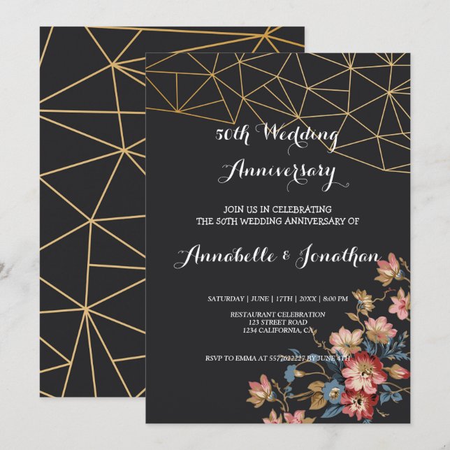 Gyllene geometrisk bröllopsjubileum inbjudningar (Fram/baksida)