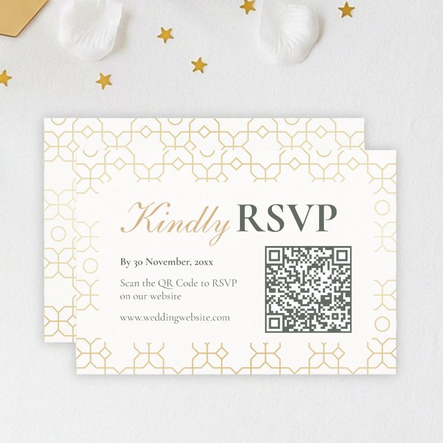 Gyllene geometrisk välkomstbåge bröllops-RSVP med  OSA Kort (Gold & Ivory Geometric Art Deco Wedding Kindly RSVP with Barcode)