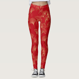 Gyllene Ginkgo-blad på röd elegant botanisk (4) Leggings
