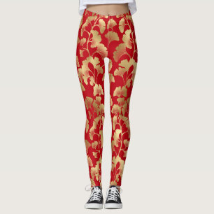 Gyllene Ginkgo-blad på röd elegant botanisk (5) Leggings
