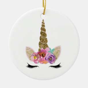 Gyllene Glitter Enhörningshorn Blommig Personlig Julgransprydnad Keramik