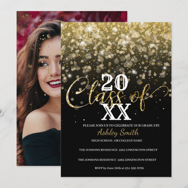 gyllene glitter examensinbjudan inbjudningar (Fram/baksida)