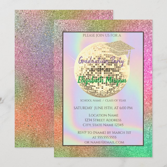 Gyllene glitter examensmössa, Disco Ball, Färgglad Inbjudningar (Fram/baksida)