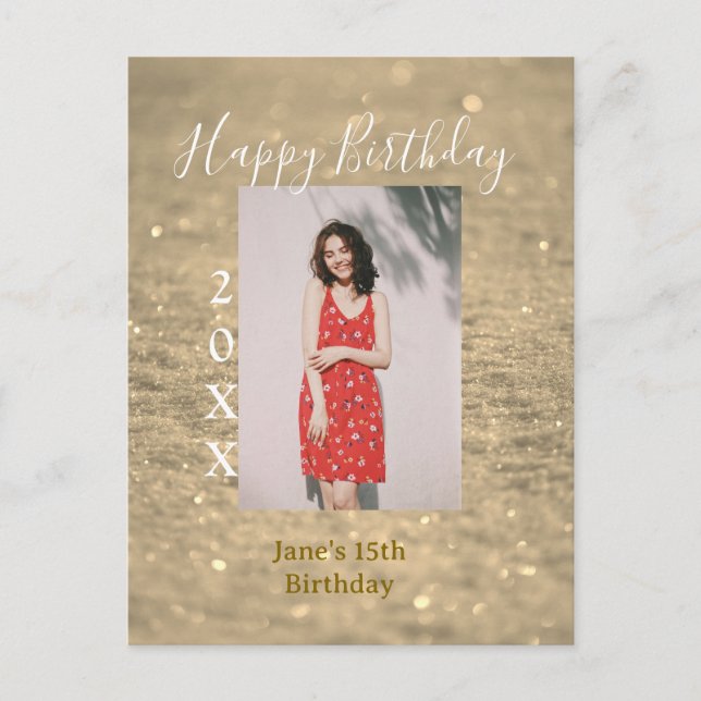 Gyllene glitter glad 15-årsdag foto namn år vykort (Framsida)