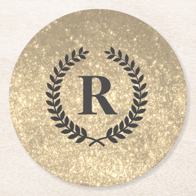 Gyllene Glitter Med Monogram Underlägg Papper Rund (Framsidan)