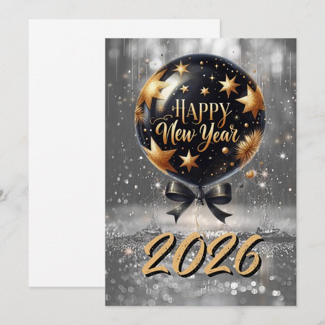 Gyllene Glitter Nyårsballong med 2026-ljus Julkort (Fram/baksida)