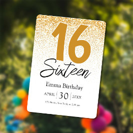 gyllene glitter sweet 16 födelsedagsinbjudan kort
