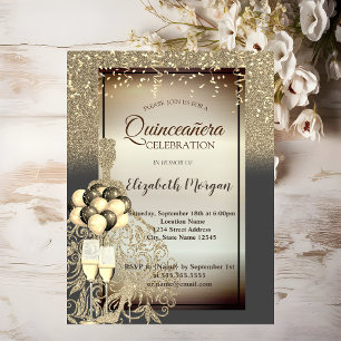 Gyllene glitterklänning, ballonger, Quinceanera-fi Inbjudningar