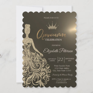 Gyllene glitterklänning, diamanter Guld Quinceaner Inbjudningar