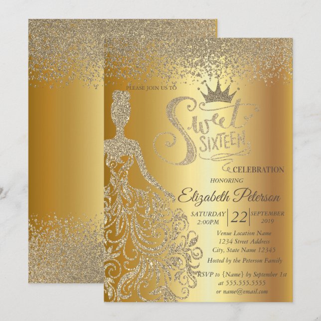 Gyllene glitterklänning, tiara, diamanter Sweet 16 Inbjudningar (Fram/baksida)