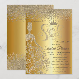 Gyllene glitterklänning, tiara, diamanter Sweet 16 Inbjudningar