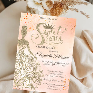Gyllene glitterklänning, tiara, Orange Sweet 16 Inbjudningar