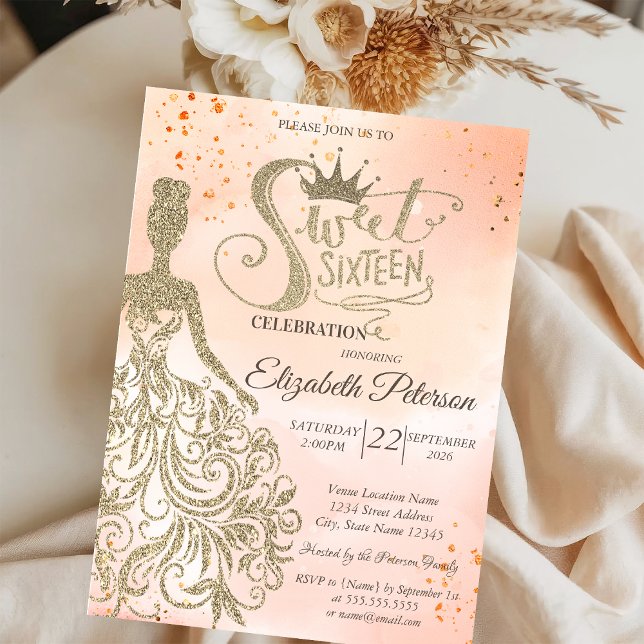 Gyllene glitterklänning, tiara, Orange Sweet 16 Inbjudningar (Skapare uppladdad)