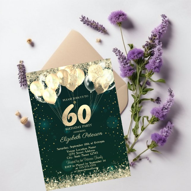 Gyllene glitterkonfettiballonger Gröna 60-års föde Inbjudningar (Skapare uppladdad)