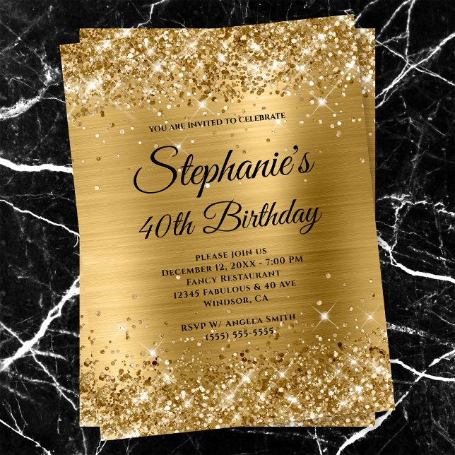 Gyllene Glittrig Folie Elegant Monogram 40-årsdag Inbjudningar (Skapare uppladdad)