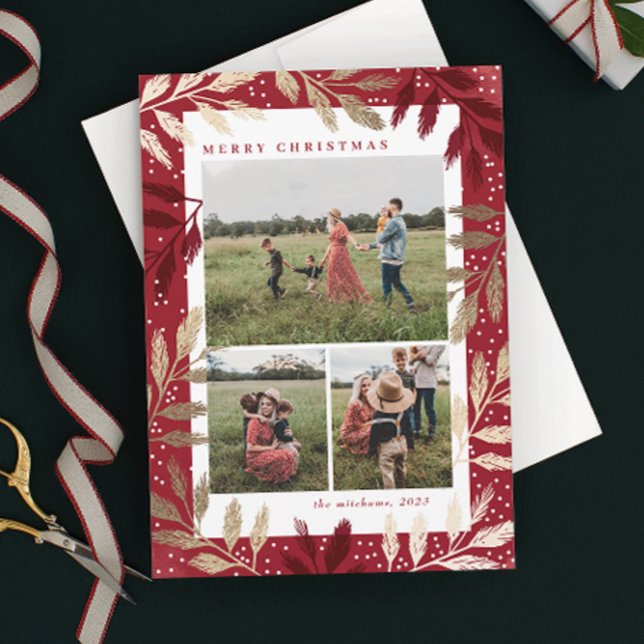 Gyllene Grenar 3 Foto Jul Julkort (Elegant red and gold branch 3 photo christmas holiday card.)