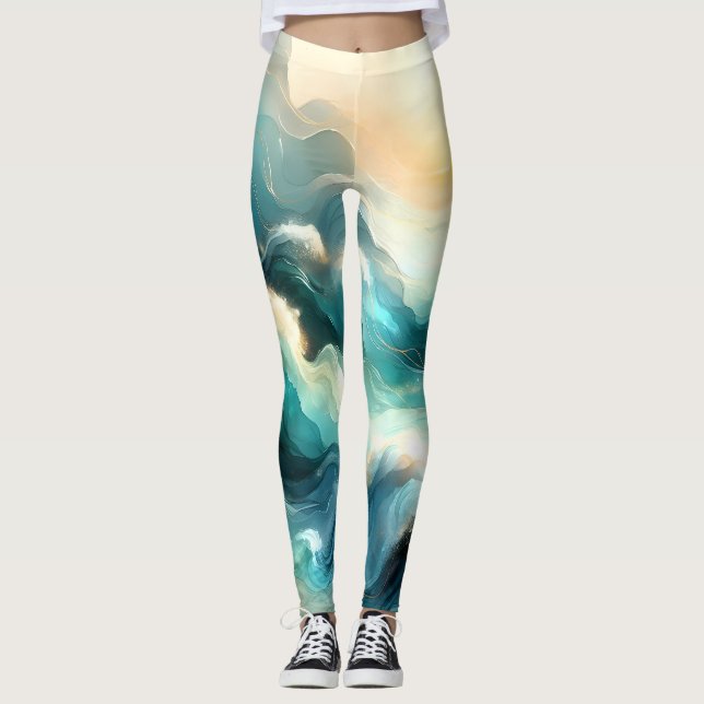 Gyllene Havsflöde Abstrakt Vågor Leggings (Framsida)