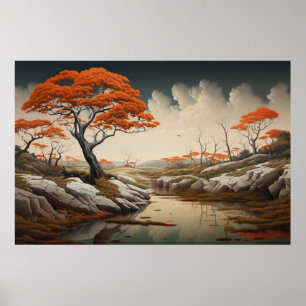 Gyllene höstdrömspanorama med orange träd fantasi poster