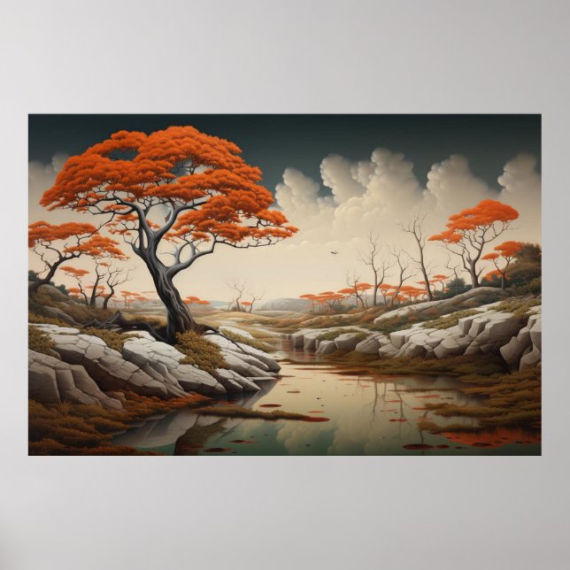 Gyllene höstdrömspanorama med orange träd fantasi poster (Framsidan)