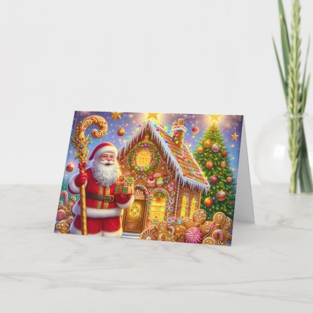 Gyllene hus av pepparkakor med Santa jul Helgkort (Framsida)