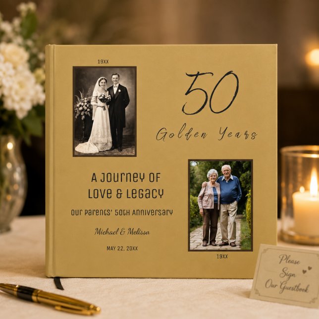 Gyllene jubileum gästbok för eftermäle (Elegant 50th anniversary guestbook designed to honor a lifetime of love and memories.)