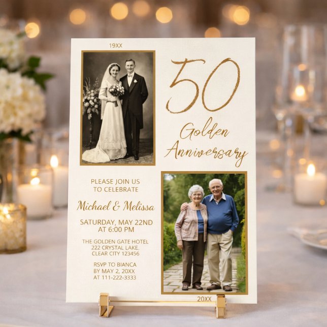 Gyllene jubileums fototidsaxel Elegant Inbjudningar (Elegant 50th anniversary invitation with then and now photo design in ivory gold)