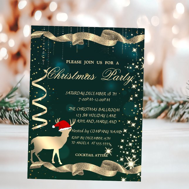 Gyllene julhjort, Glitter, Grön julfest Inbjudningar (Skapare uppladdad)