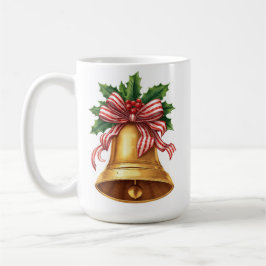 Gyllene julklocka med järnek och randig rosett kaffemugg